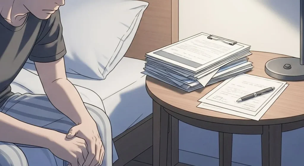 契約書類を前に一人悩む男性のイラスト