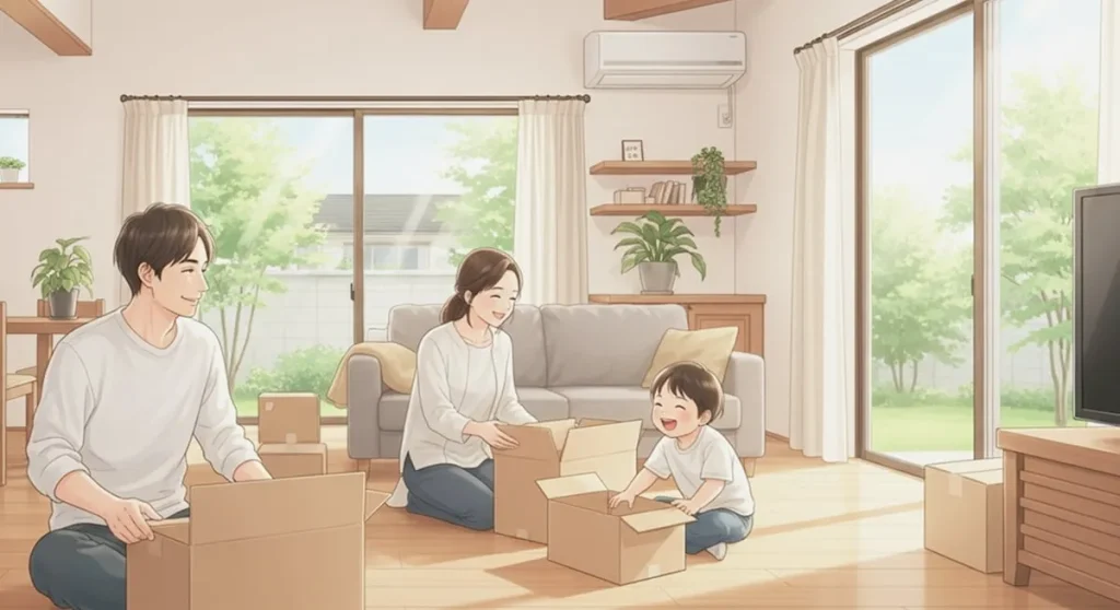 居心地の良い新居で、笑顔で荷ほどきをする家族のイラスト